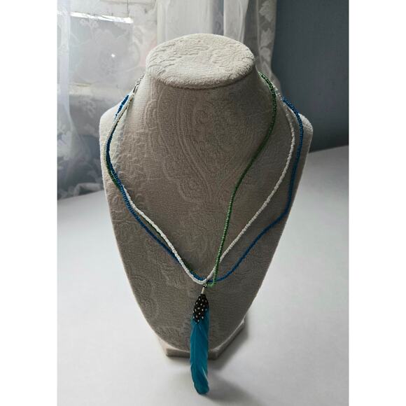 Boho Three Stranded Beaded Necklace with Feather Charm - Picture 2 of 7